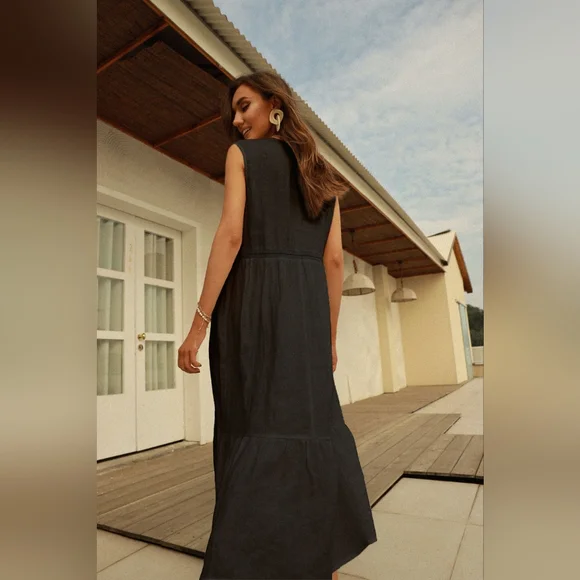 NWT - Hemp-Linen Frieeah Black Midi Nightgown Dress - Size L - Picture 4 of 8